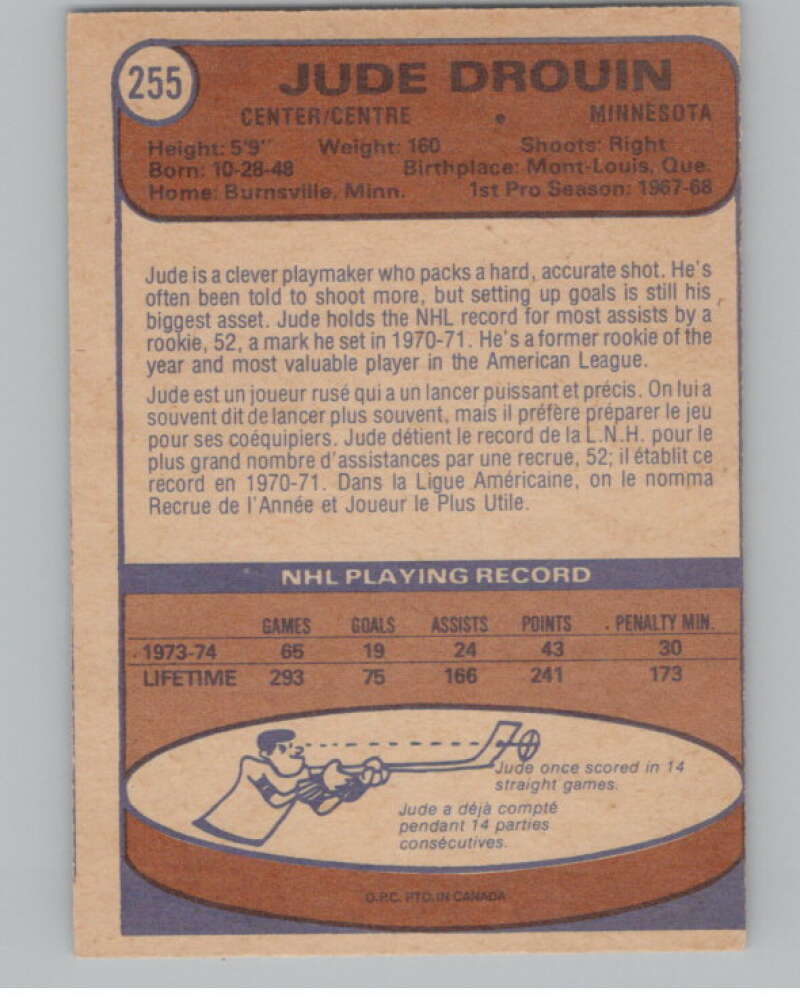 1974-75 O-Pee-Chee #255 Jude Drouin Minnesota North Stars V103741 Image 2