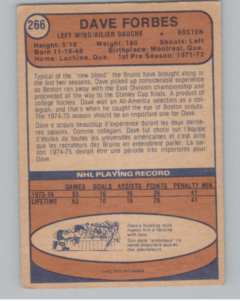 1974-75 O-Pee-Chee #266 Dave Forbes RC Rookie Boston Bruins V103757 Image 2