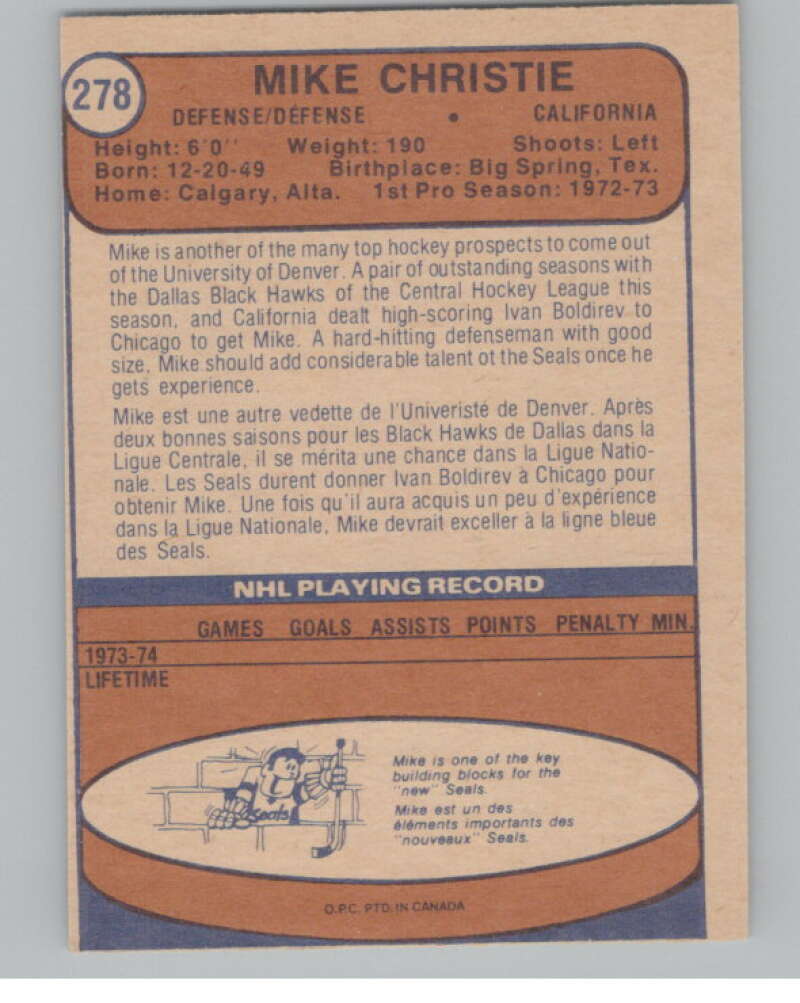 1974-75 O-Pee-Chee #278 Mike Christie RC Rookie Golden Seals V103768 Image 2