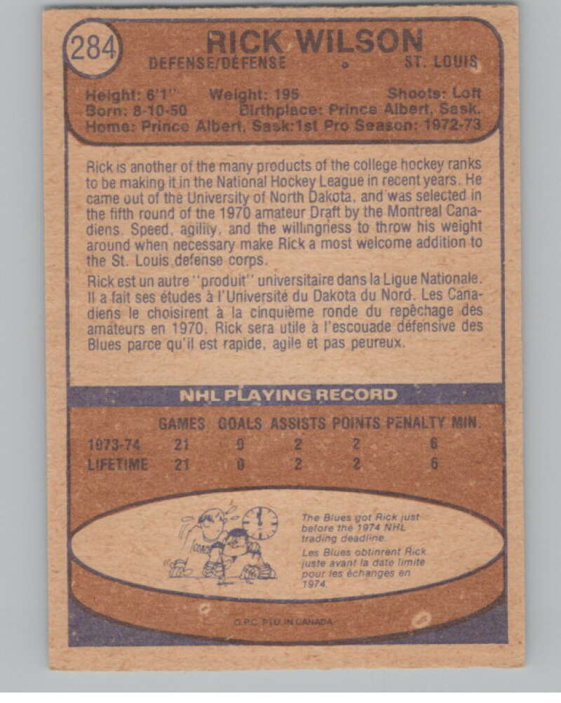 1974-75 O-Pee-Chee #284 Rick Wilson RC Rookie St. Louis Blues V103774 Image 2