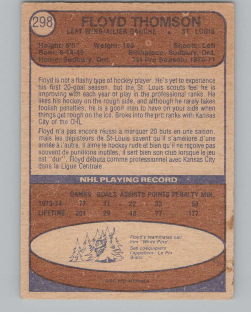 1974-75 O-Pee-Chee #298 Floyd Thomson RC Rookie St. Louis Blues V103784 Image 2