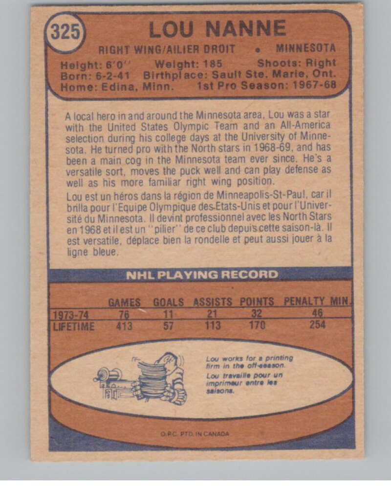 1974-75 O-Pee-Chee #325 Lou Nanne Minnesota North Stars V103809 Image 2