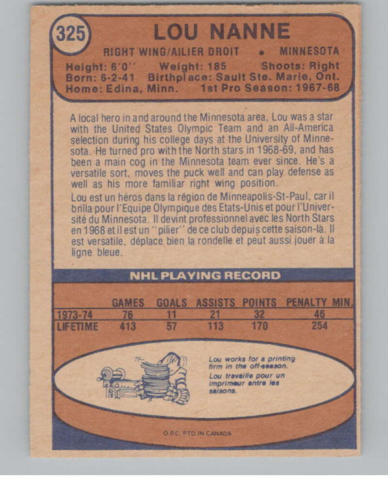 1974-75 O-Pee-Chee #325 Lou Nanne Minnesota North Stars V103810 Image 2