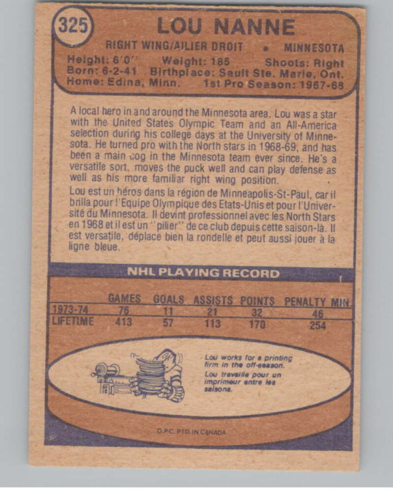 1974-75 O-Pee-Chee #325 Lou Nanne Minnesota North Stars V103811 Image 2