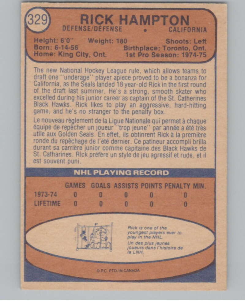 1974-75 O-Pee-Chee #329 Rick Hampton RC Rookie Golden Seals V103816 Image 2