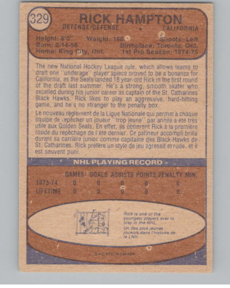 1974-75 O-Pee-Chee #329 Rick Hampton RC Rookie Golden Seals V103817 Image 2