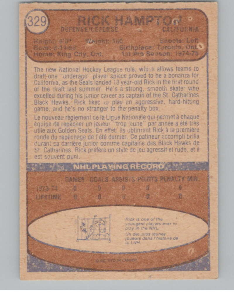 1974-75 O-Pee-Chee #329 Rick Hampton RC Rookie Golden Seals V103818 Image 2