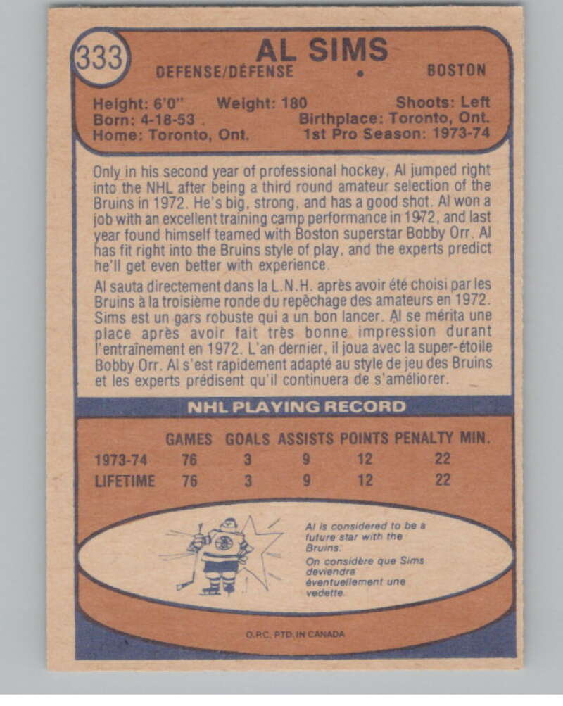 1974-75 O-Pee-Chee #333 Al Sims RC Rookie Boston Bruins V103822 Image 2