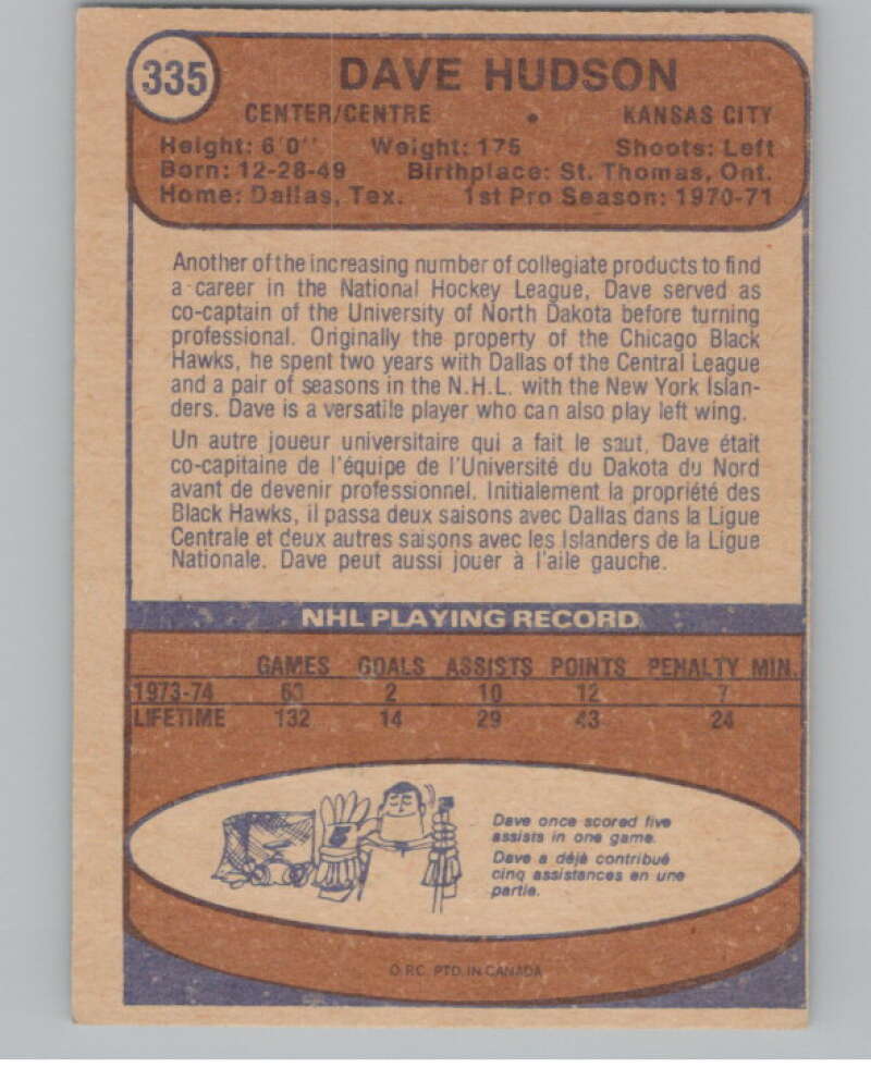 1974-75 O-Pee-Chee #335 Dave Hudson Kansas City Scouts V103824 Image 2