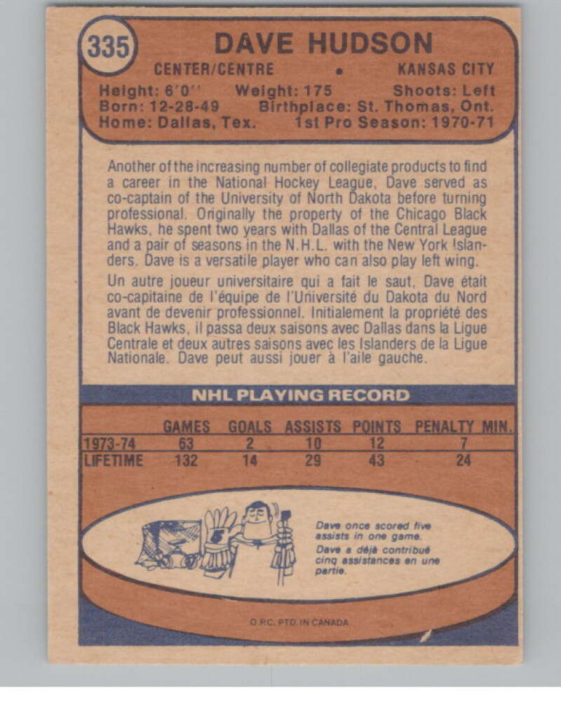 1974-75 O-Pee-Chee #335 Dave Hudson Kansas City Scouts V103825 Image 2