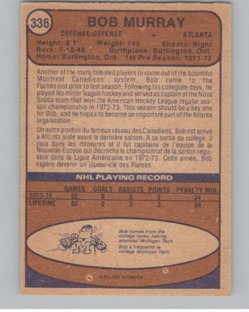 1974-75 O-Pee-Chee #336 Bob Murray RC Rookie Atlanta Flames V103828 Image 2