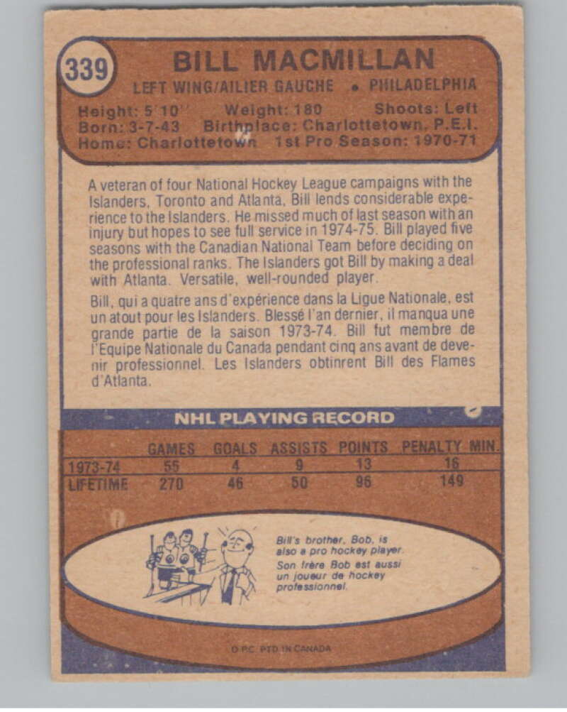 1974-75 O-Pee-Chee #339 Bill MacMillan New York Islanders V103830 Image 2