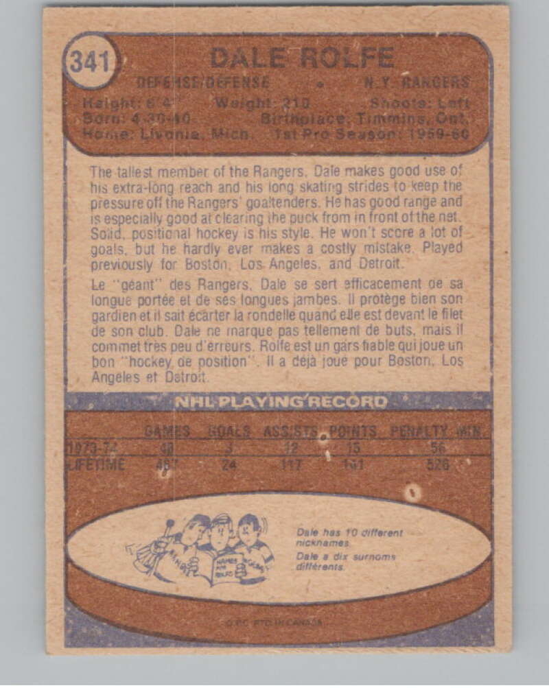 1974-75 O-Pee-Chee #341 Dale Rolfe New York Rangers V103832 Image 2