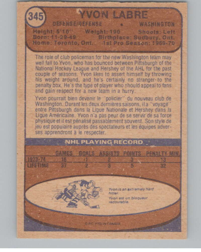 1974-75 O-Pee-Chee #345 Yvon Labre Washington Capitals V103837 Image 2