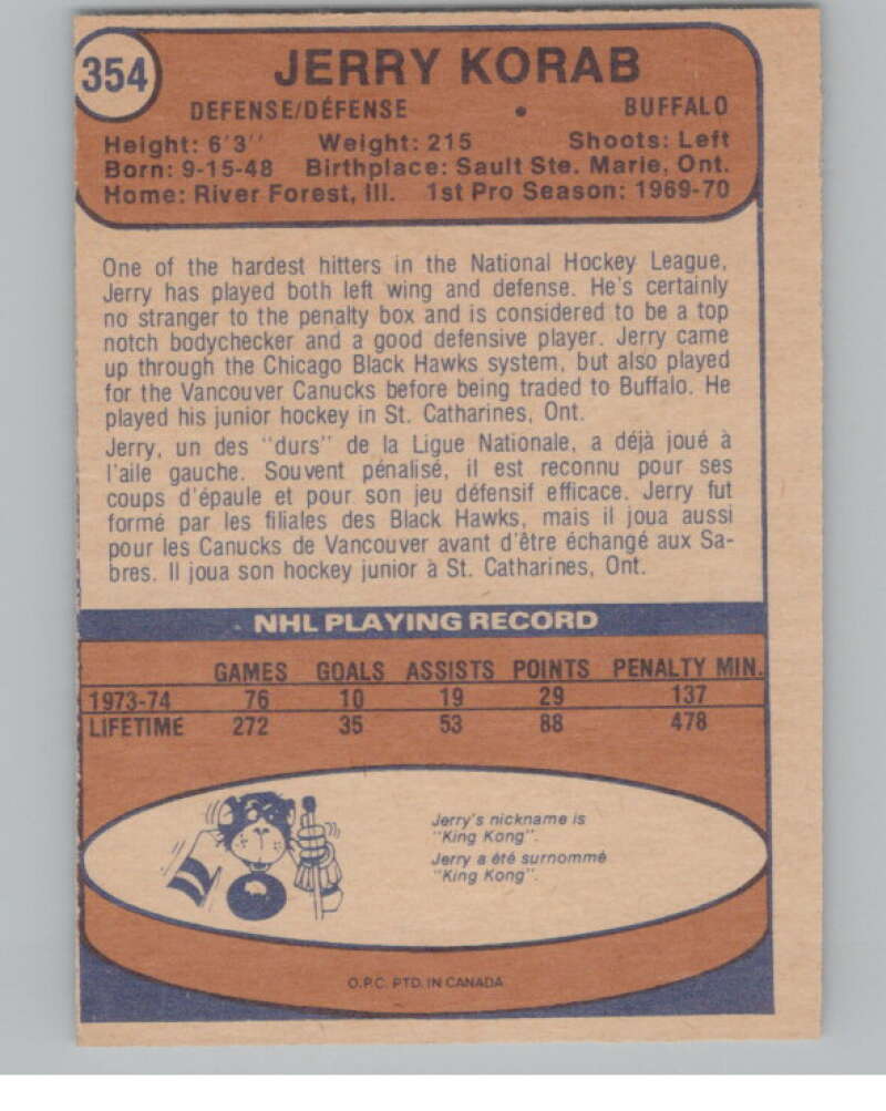 1974-75 O-Pee-Chee #354 Jerry Korab Buffalo Sabres V103845 Image 2