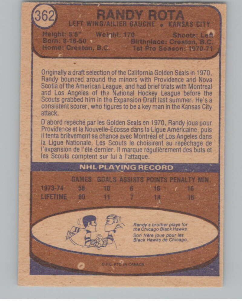 1974-75 O-Pee-Chee #362 Randy Rota RC Rookie Kansas City Scouts V103852 Image 2