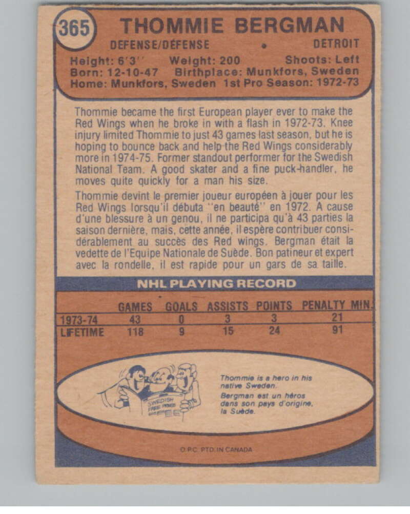 1974-75 O-Pee-Chee #365 Thommie Bergman UER Detroit Red Wings V103855 Image 2