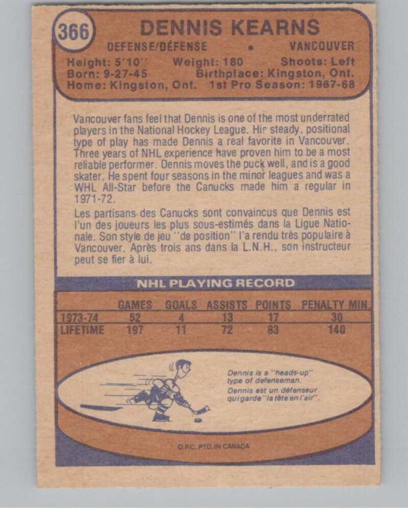 1974-75 O-Pee-Chee #366 Dennis Kearns Vancouver Canucks V103856 Image 2