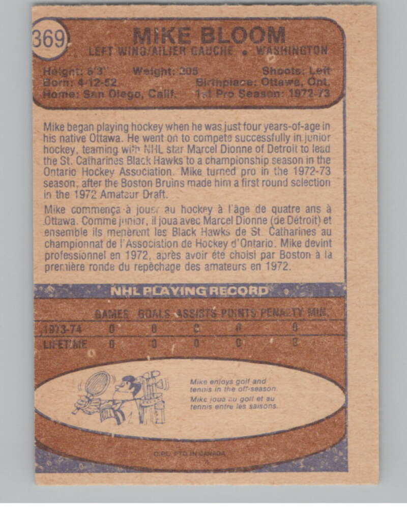1974-75 O-Pee-Chee #369 Mike Bloom RC Rookie Washington Capitals V103859 Image 2
