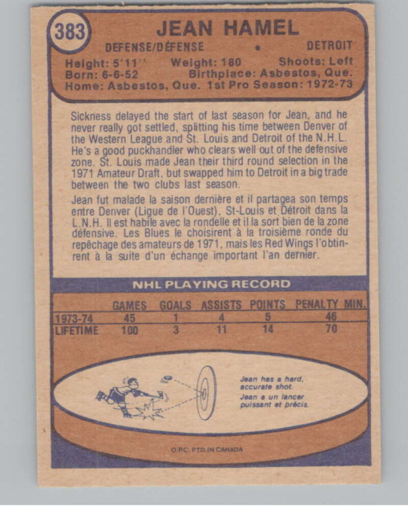 1974-75 O-Pee-Chee #383 Jean Hamel RC Rookie Detroit Red Wings V103877 Image 2