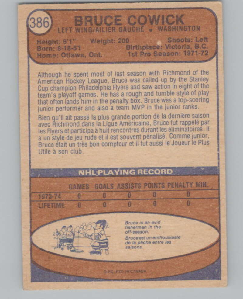 1974-75 O-Pee-Chee #386 Bruce Cowick RC Rookie Washington Capitals V103879 Image 2