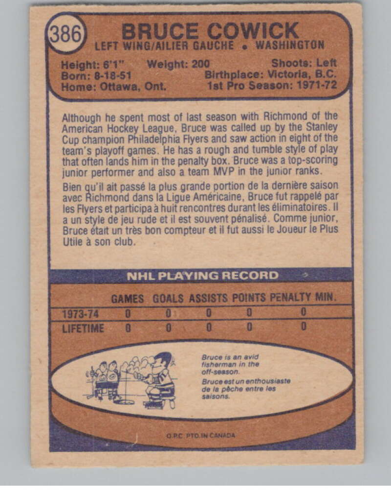 1974-75 O-Pee-Chee #386 Bruce Cowick RC Rookie Washington Capitals V103880 Image 2