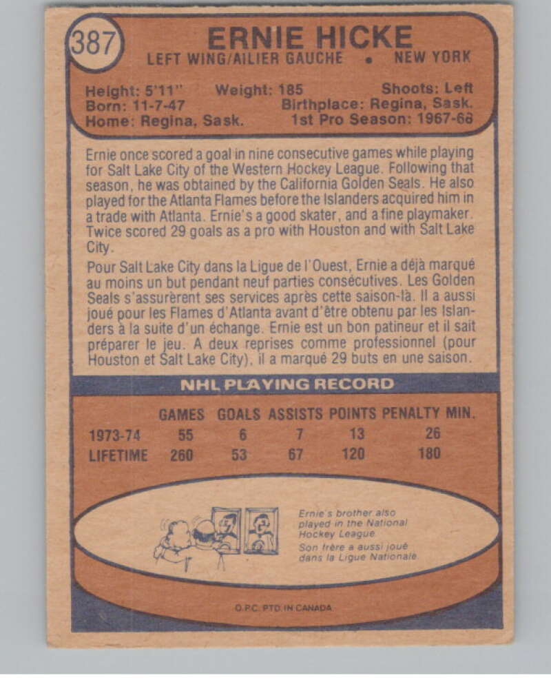 1974-75 O-Pee-Chee #387 Ernie Hicke New York Islanders V103882 Image 2