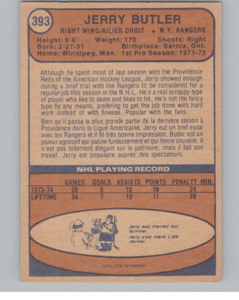 1974-75 O-Pee-Chee #393 Jerry Butler RC Rookie New York Rangers V103887 Image 2