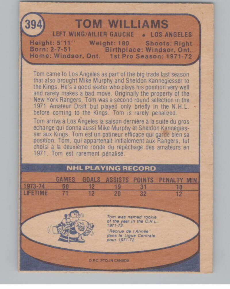 1974-75 O-Pee-Chee #394 Tom Williams RC Rookie Los Angeles Kings V103888 Image 2