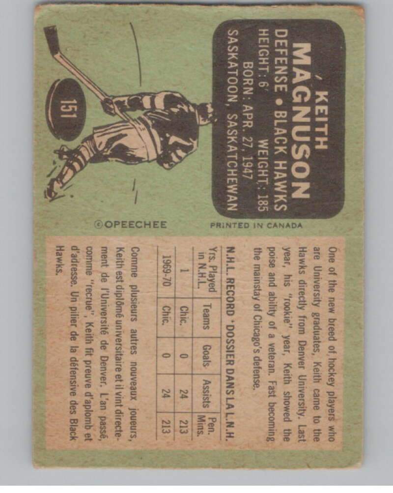 1970-71 O-Pee-Chee #151 Keith Magnuson Hockey RC Rookie Blackhawks V103890 Image 2