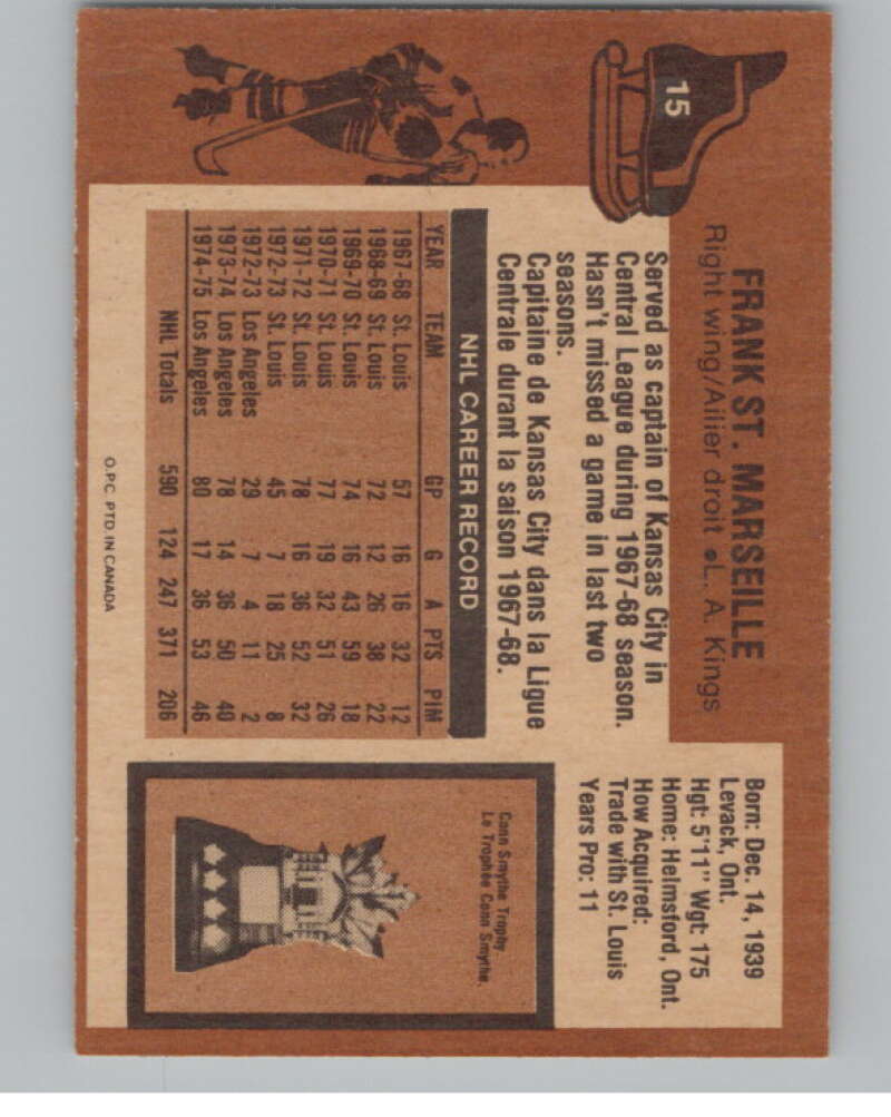 1975-76 O-Pee-Chee #15 Frank St. Marseille Hockey Los Angeles Kings V103897 Image 2