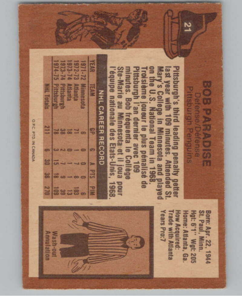 1975-76 O-Pee-Chee #21 Bob Paradise Hockey Pittsburgh Penguins V103902 Image 2