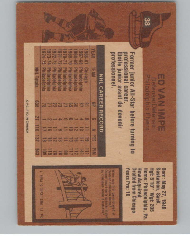 1975-76 O-Pee-Chee #38 Ed Van Impe Hockey Philadelphia Flyers V103905 Image 2
