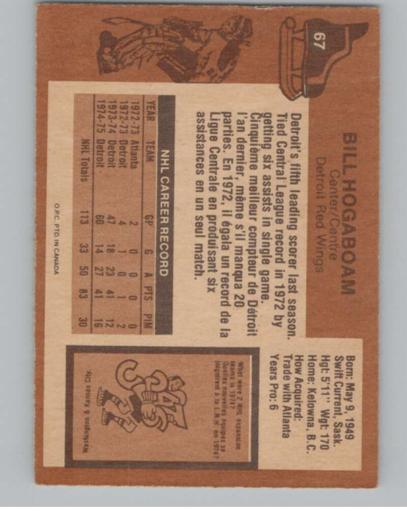 1975-76 O-Pee-Chee #67 Bill Hogaboam Hockey Detroit Red Wings V103912 Image 2