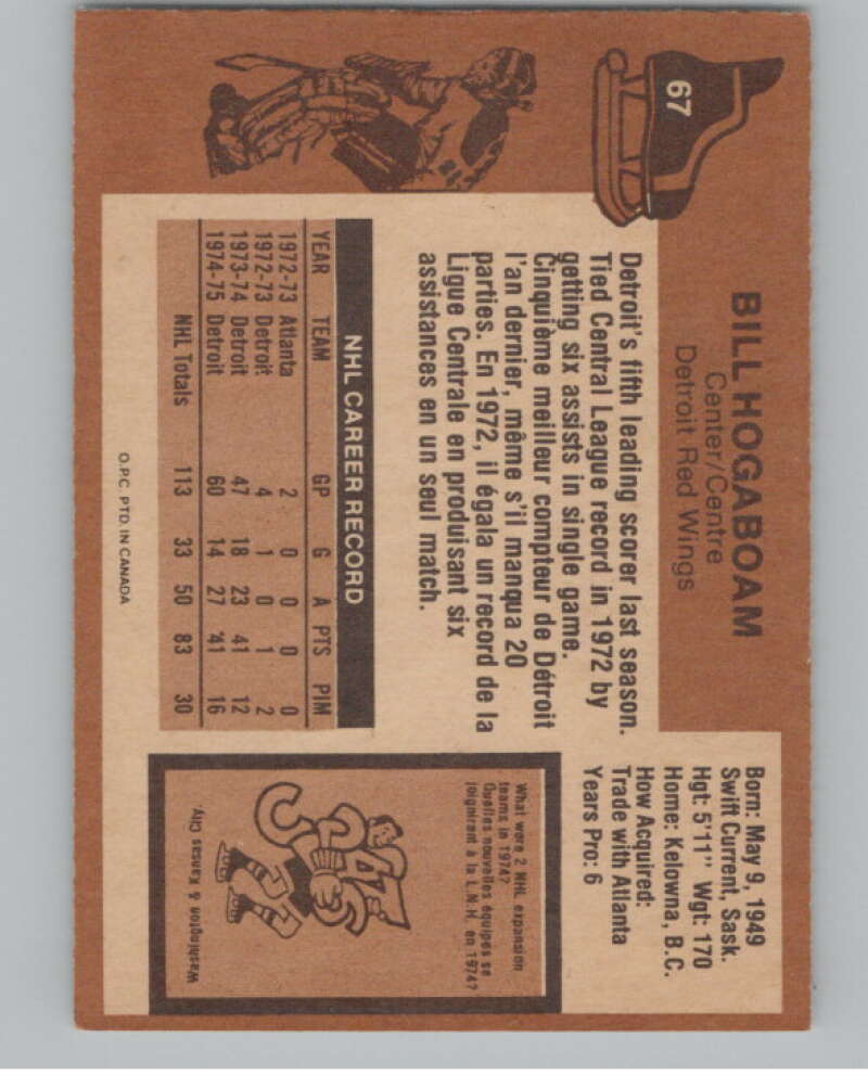 1975-76 O-Pee-Chee #67 Bill Hogaboam Hockey Detroit Red Wings V103913 Image 2