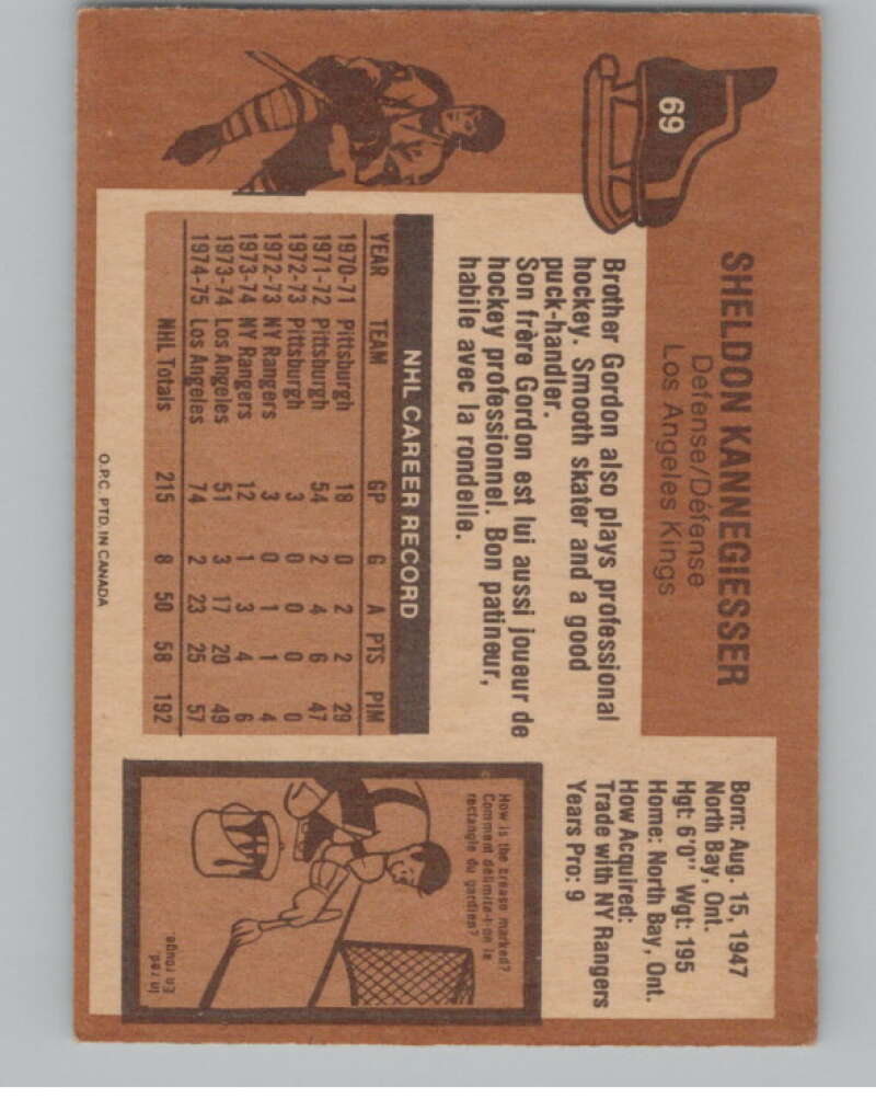 1975-76 O-Pee-Chee #69 Sheldon Kannegiesser Hockey Los Angeles V103917 Image 2