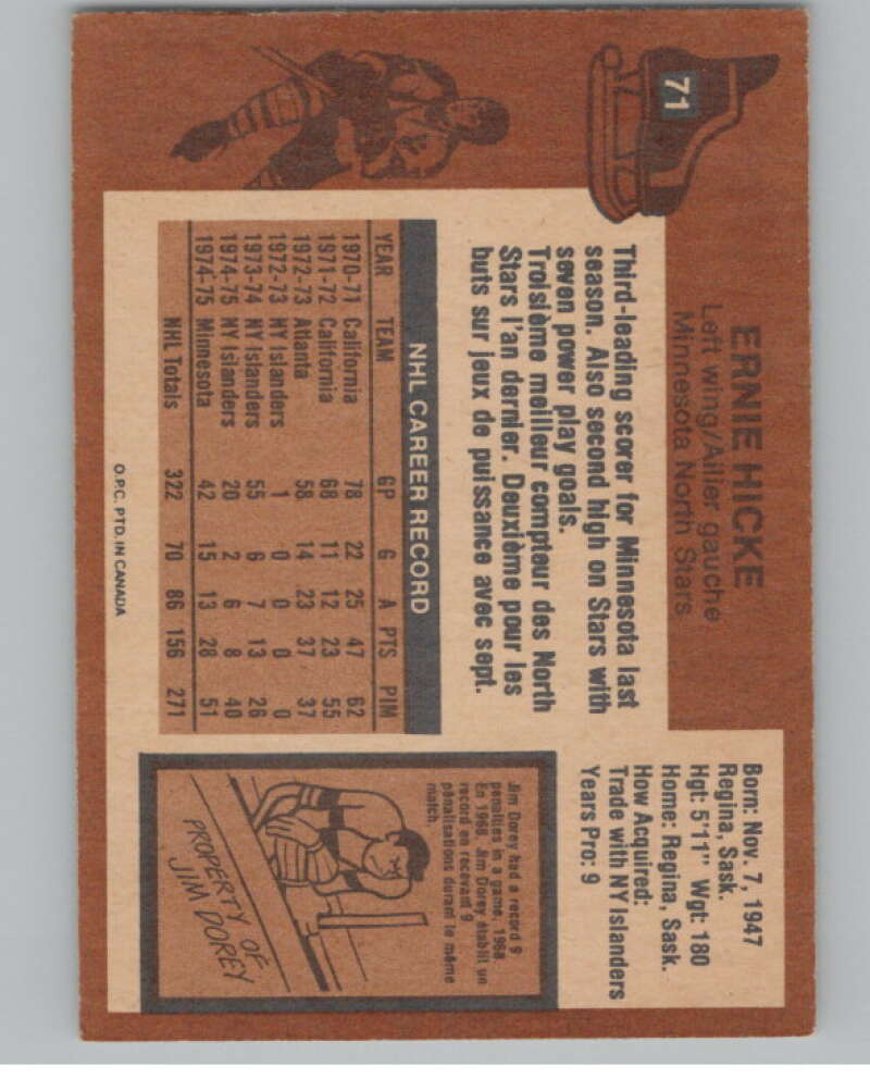 1975-76 O-Pee-Chee #71 Ernie Hicke Hockey Minnesota North Stars V103918 Image 2