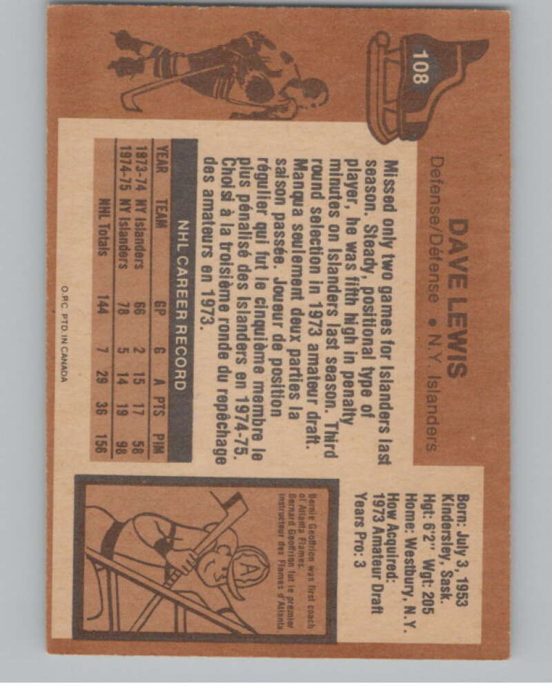 1975-76 O-Pee-Chee #108 Dave Lewis Hockey New York Islanders V103926 Image 2