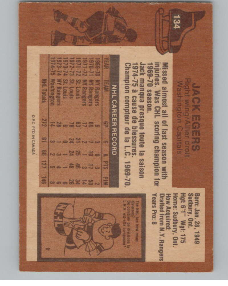 1975-76 O-Pee-Chee #134 Jack Egers Hockey Washington Capitals V103931 Image 2