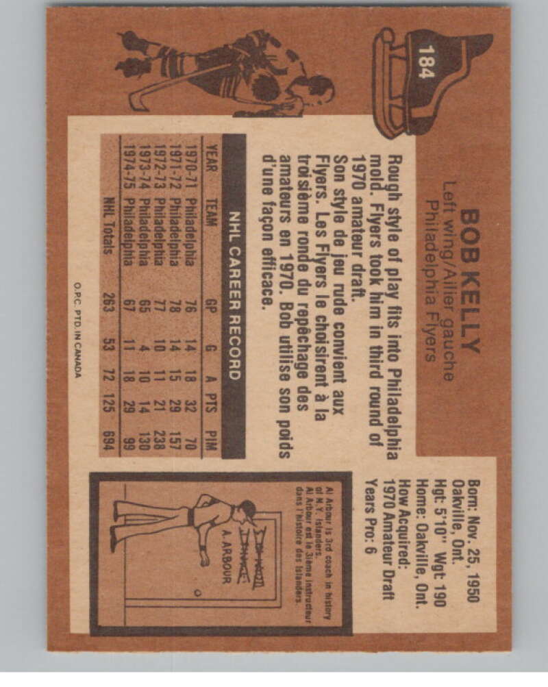 1975-76 O-Pee-Chee #184 Bob Kelly Hockey Philadelphia Flyers V103950 Image 2