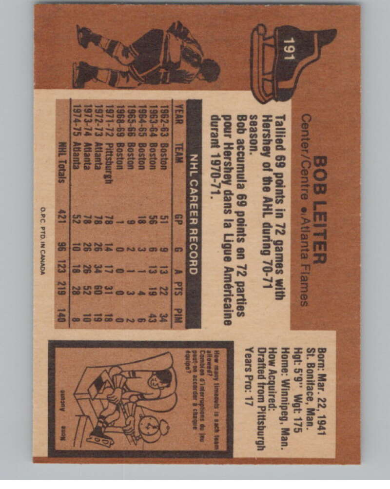 1975-76 O-Pee-Chee #191 Bob Leiter Hockey Atlanta Flames V103952 Image 2