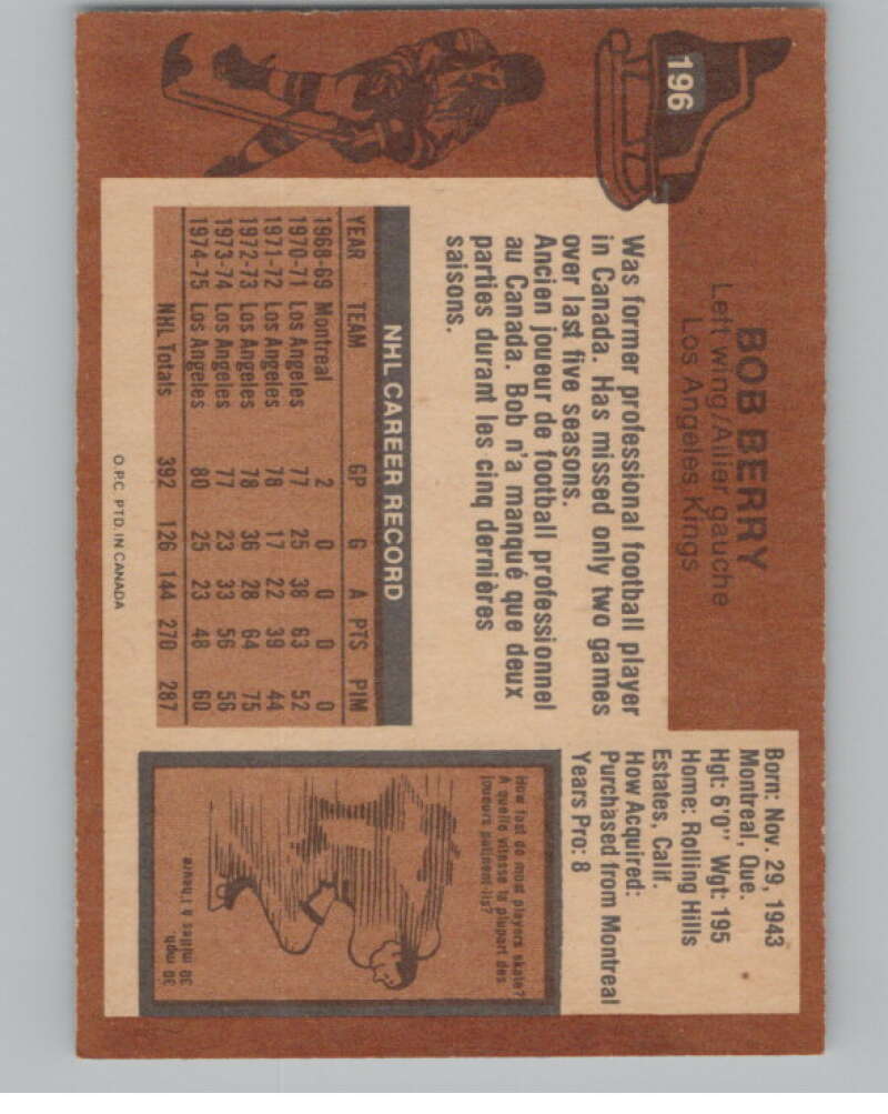 1975-76 O-Pee-Chee #196 Bob Berry Hockey Los Angeles Kings V103954 Image 2