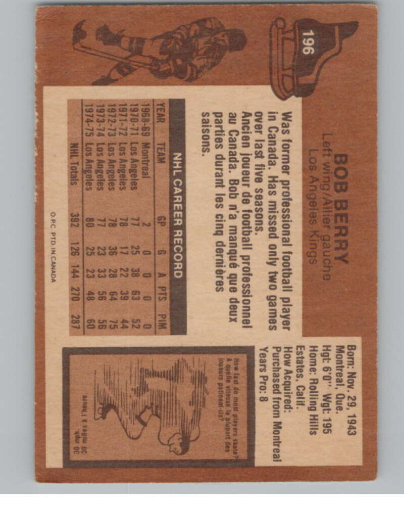 1975-76 O-Pee-Chee #196 Bob Berry Hockey Los Angeles Kings V103955 Image 2