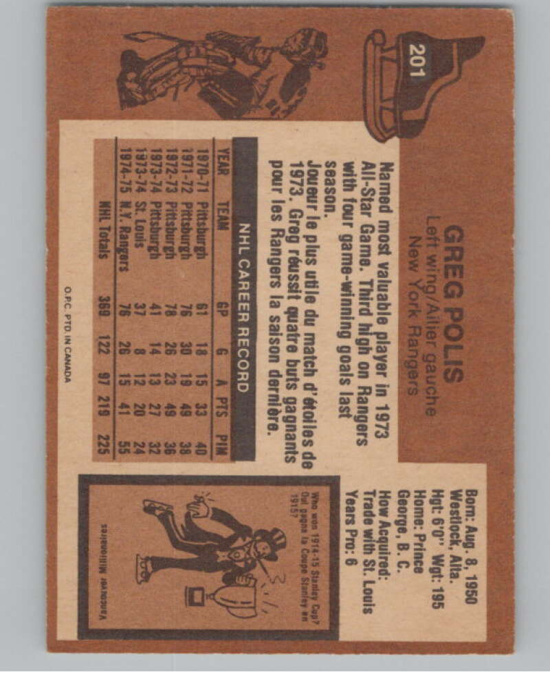 1975-76 O-Pee-Chee #201 Greg Polis Hockey New York Rangers V103956 Image 2