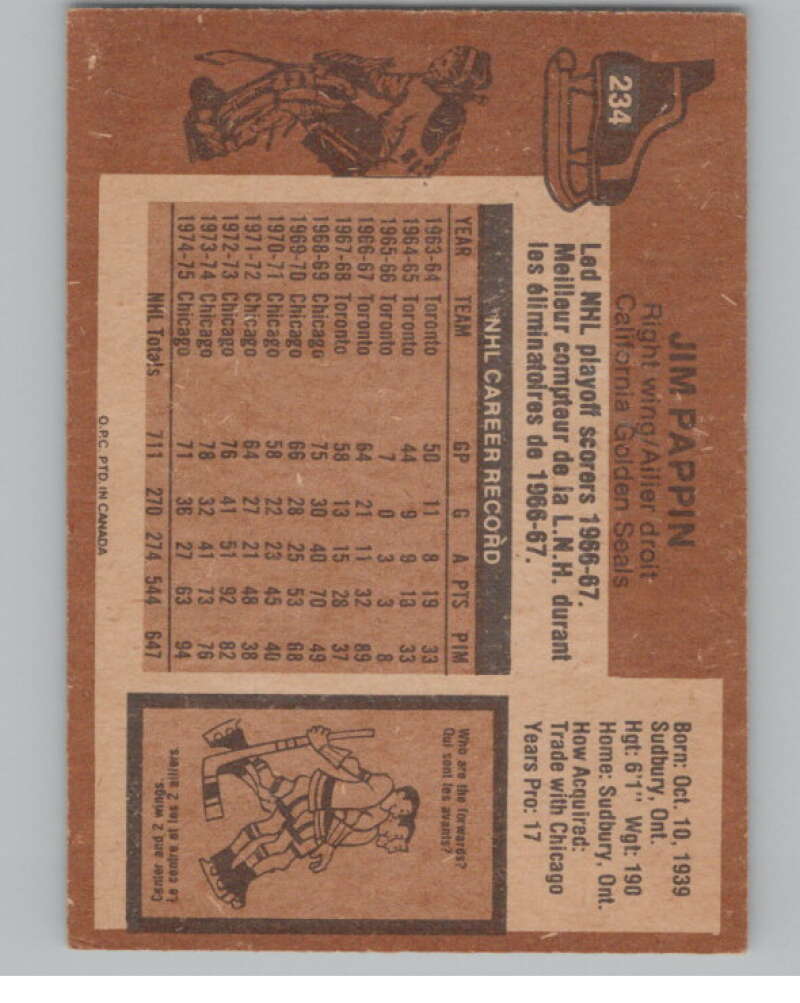 1975-76 O-Pee-Chee #234 Jim Pappin Hockey California Golden Seals V103965 Image 2