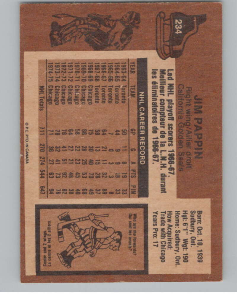 1975-76 O-Pee-Chee #234 Jim Pappin Hockey California Golden Seals V103966 Image 2