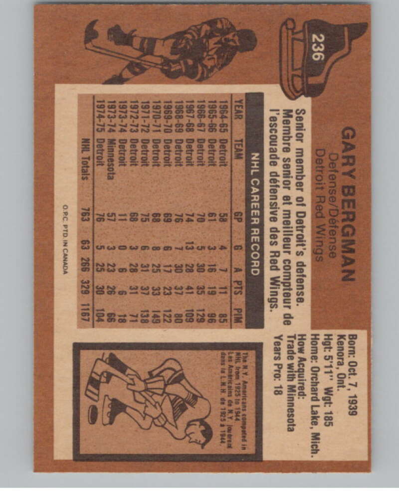 1975-76 O-Pee-Chee #236 Gary Bergman Hockey Detroit Red Wings V103969 Image 2