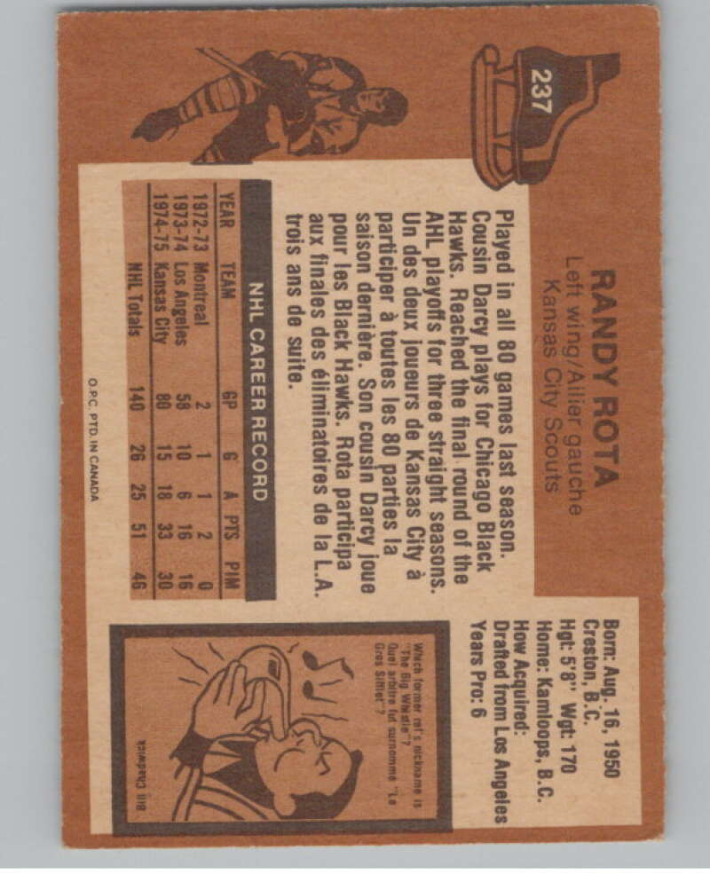1975-76 O-Pee-Chee #237 Randy Rota Hockey Kansas City Scouts V103971 Image 2