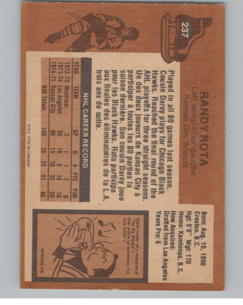 1975-76 O-Pee-Chee #237 Randy Rota Hockey Kansas City Scouts V103972 Image 2