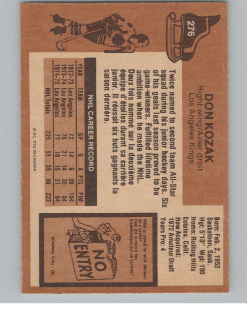 1975-76 O-Pee-Chee #276 Don Kozak Hockey Los Angeles Kings V103982 Image 2